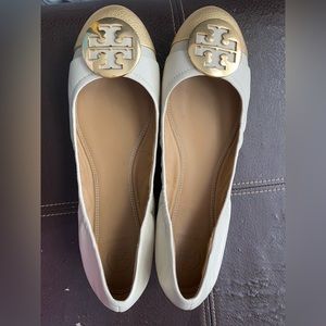 Tory Burch Cream and Gold Cap Toe Ballet Flat